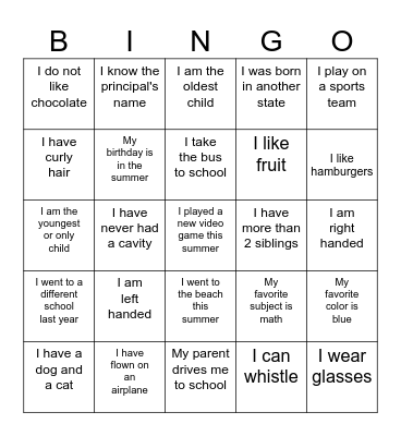 Welcome to 5th Grade! Bingo Card