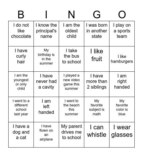 Welcome to 5th Grade! Bingo Card