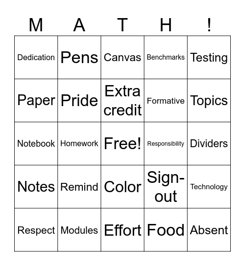 Mrs. Deats' Expectations Bingo Card