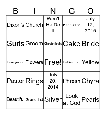 Chyra & Timothy Wedding  Shower Bingo Card