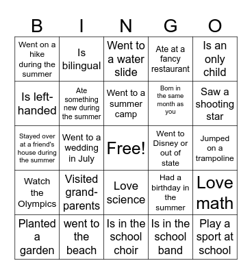 First Day of School Scavenger Hunt Bingo Card