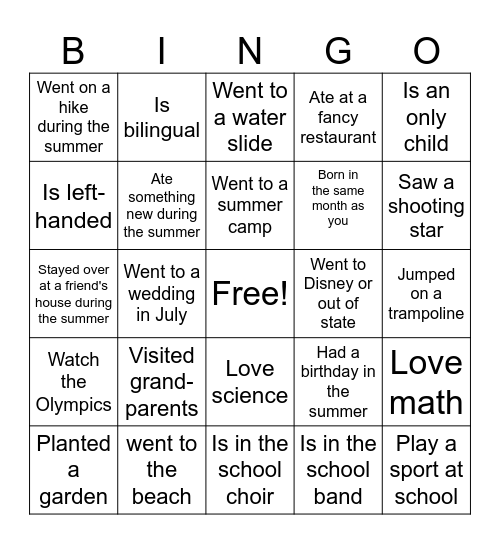 First Day of School Scavenger Hunt Bingo Card