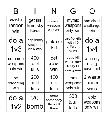 Fortnite challanges Bingo Card