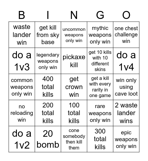 Fortnite challanges Bingo Card