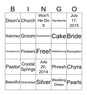Chyra & Timothy Wedding  Shower Bingo Card