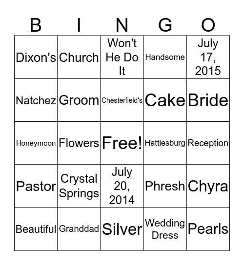 Chyra & Timothy Wedding  Shower Bingo Card