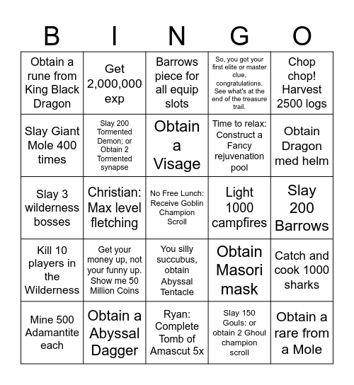 Original Runescape Bingo Card