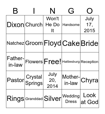 Chyra & Timothy Wedding  Shower Bingo Card