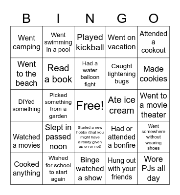 Summer Break Bingo Card