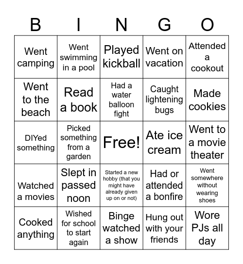 Summer Break Bingo Card