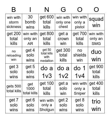 Fortnite challanges Bingo Card