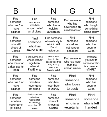 FIRSTENERGY GET TO KNOW YOU Bingo Card