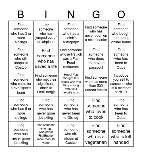 FIRSTENERGY GET TO KNOW YOU Bingo Card