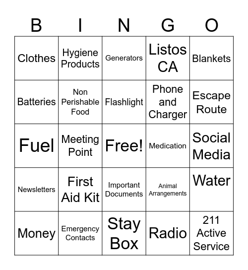 OES Emergency Preparedness Bingo Card