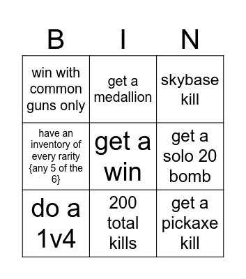 Fortnite challanges Bingo Card