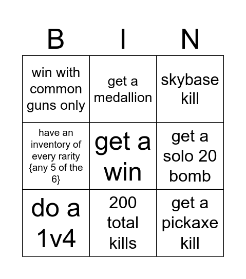 Fortnite challanges Bingo Card