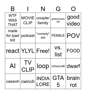 youtube shorts bingo Card