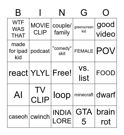 youtube shorts bingo Card