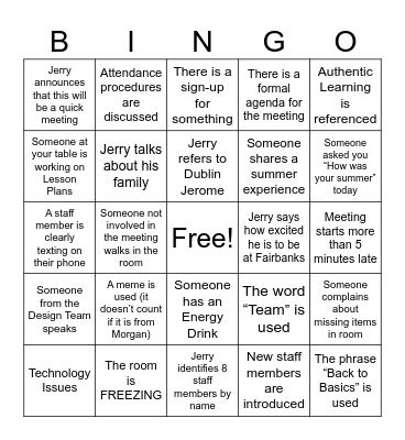 Back to School Staff Meeting Bingo Card