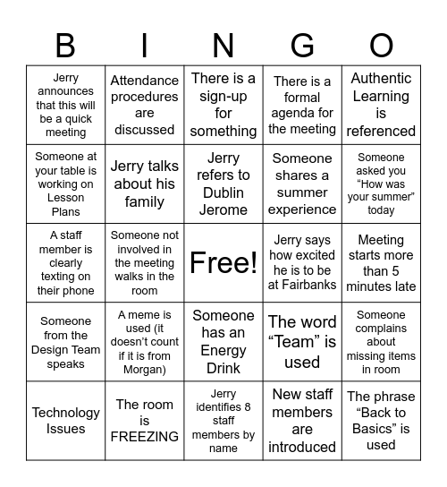 Back to School Staff Meeting Bingo Card