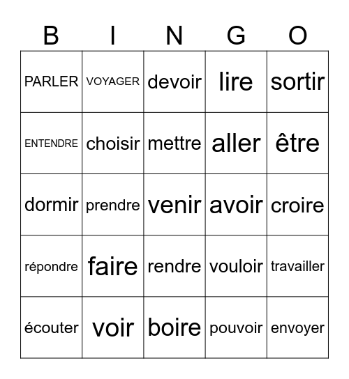 Start French 2 / end French1 infinitives Bingo Card