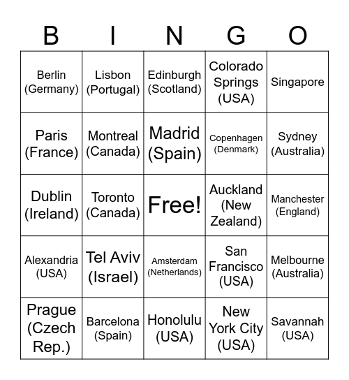 Friendly Faces & Places Bingo Card