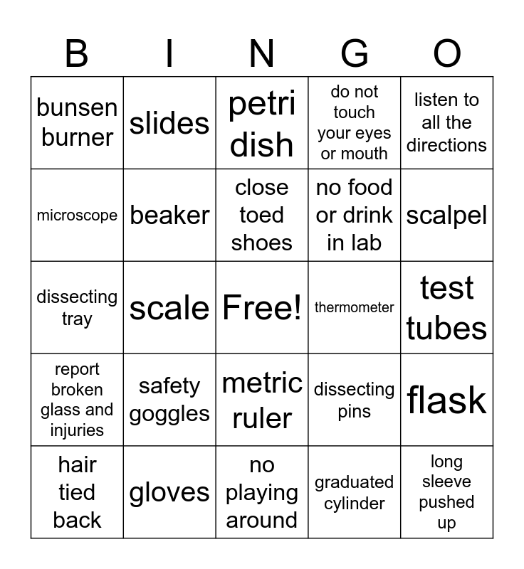 Lab Safety and Lab Tools Bingo Card