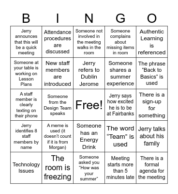 Back to School Faculty Meeting Bingo Card