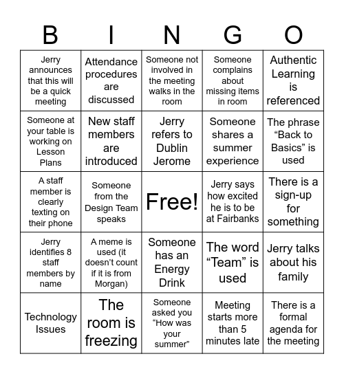 Back to School Faculty Meeting Bingo Card