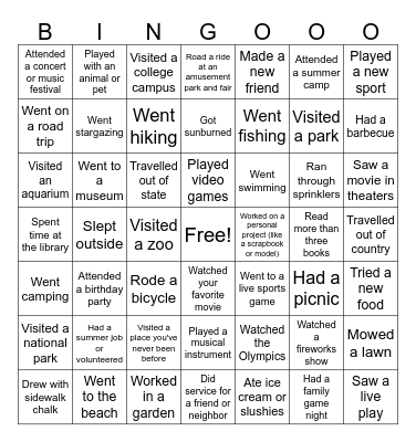 Summer Break Bingo Card
