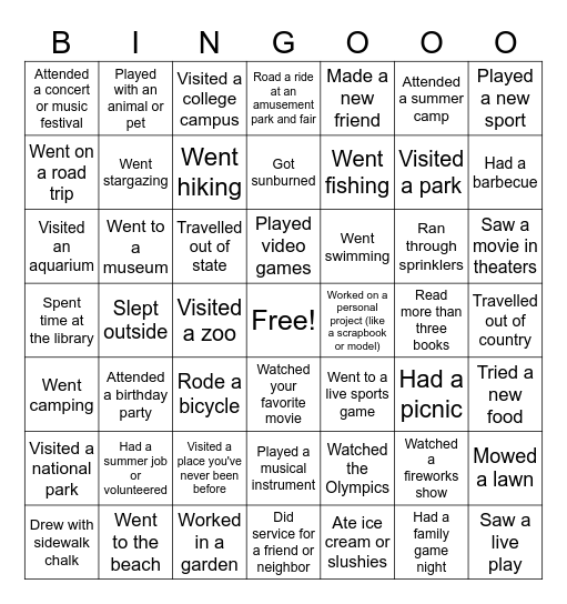 Summer Break Bingo Card