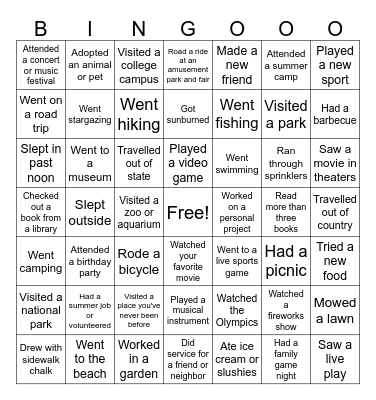 Summer Break Bingo Card