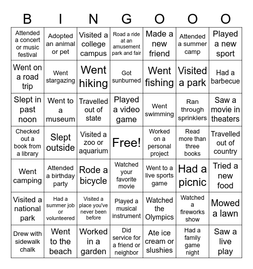 Summer Break Bingo Card