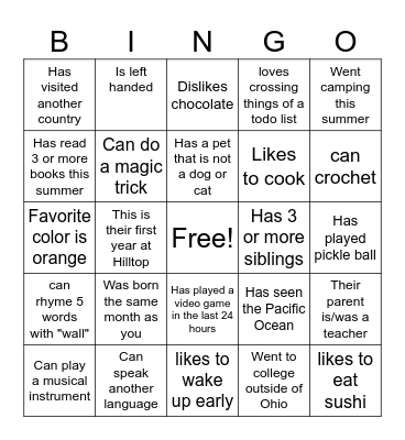 Welcome Back to School Bingo Card