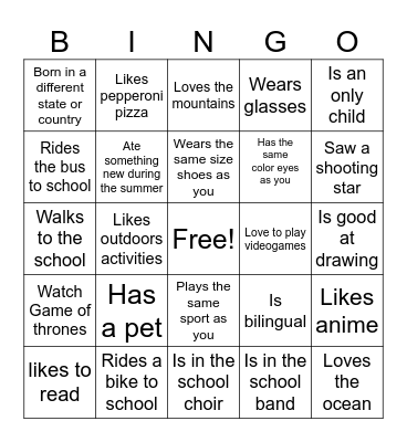 First Day of School Scavenger Hunt Bingo Card