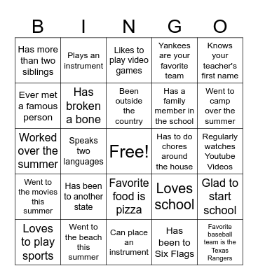 First Day of School Bingo Card