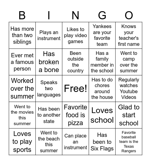 First Day of School Bingo Card