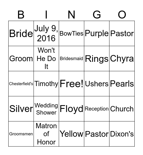 Chyra & Timothy Wedding Shower Bingo Card