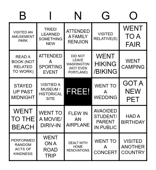 LEGACY SUMMER BINGO Card