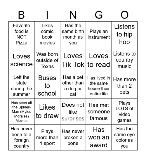 Middle School Bingo Card