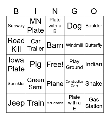 Road Trip Bingo Card