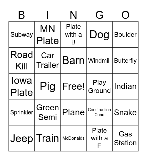 Road Trip Bingo Card