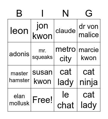 Cat Ninja Bingo Card