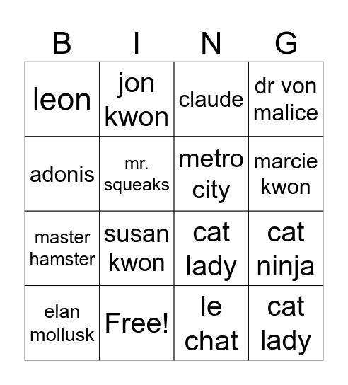 Cat Ninja Bingo Card