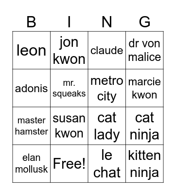 Cat Ninja Bingo Card