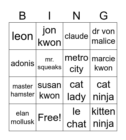 Cat Ninja Bingo Card