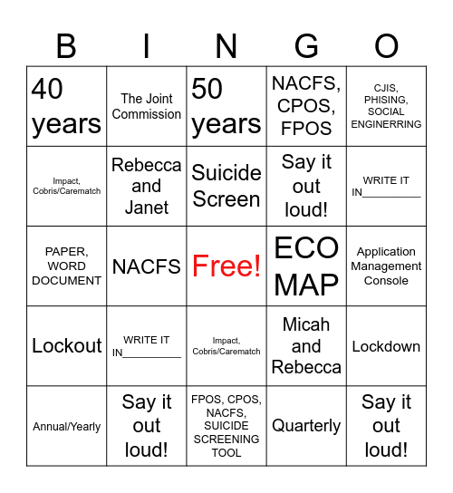 Joint Commission Support Bingo Card