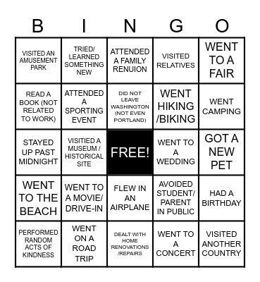 LEGACY SUMMER BINGO Card
