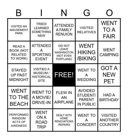 LEGACY SUMMER BINGO Card