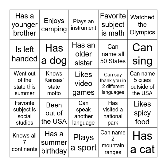 FIND SOMEONE WHO: GEOGRAPHY BINGO Card